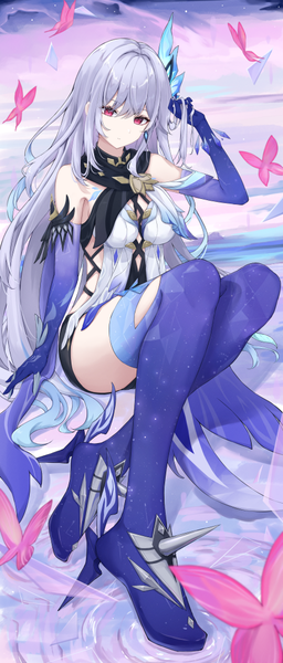 Anime picture 460x1080 with genshin impact skirk (genshin impact) tu (to sse) single long hair tall image fringe breasts light erotic hair between eyes red eyes sitting bare shoulders looking away full body bent knee (knees) blunt bangs arm up grey hair convenient leg