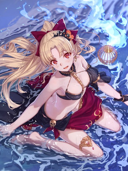 Anime picture 822x1091 with fate (series) fate/grand order ereshkigal (fate) m-ya single long hair tall image looking at viewer blush fringe breasts open mouth light erotic blonde hair red eyes sitting bare shoulders cleavage full body ponytail