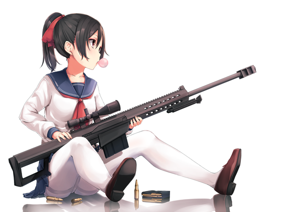 Anime picture 1417x1003 with original funyariko blush fringe short hair light erotic black hair simple background white background sitting holding brown eyes payot looking away bent knee (knees) ponytail pleated skirt reflection food in mouth sniper