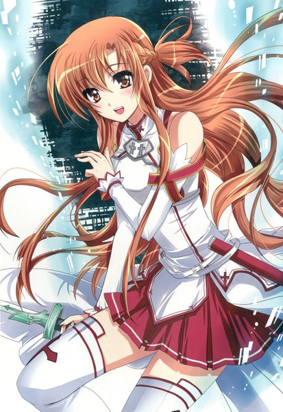 Anime picture 1380x2005 with sword art online a-1 pictures yuuki asuna kanna (plum) single long hair tall image blush open mouth smile brown hair brown eyes braid (braids) zettai ryouiki girl thighhighs skirt weapon sword