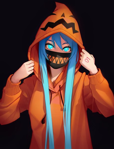 Anime picture 2264x2965 with vocaloid hatsune miku eximmetry single long hair tall image looking at viewer fringe highres simple background hair between eyes upper body long sleeves aqua eyes aqua hair glowing black background halloween glowing eye (eyes) adjusting clothes