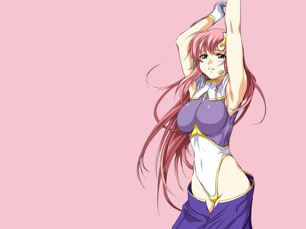 Anime picture 1280x960 with mobile suit gundam gundam seed destiny sunrise (studio) meer campbell zundarepon single long hair breasts light erotic simple background large breasts pink hair arms up armpit (armpits) grey eyes pink background third-party edit extended girl gloves