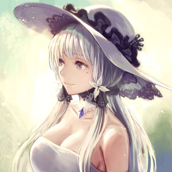 Anime picture 2353x2353 with azur lane illustrious (azur lane) anbe yoshirou single long hair fringe highres breasts simple background large breasts bare shoulders looking away cleavage silver hair upper body hair flower light smile mole grey eyes mole under eye