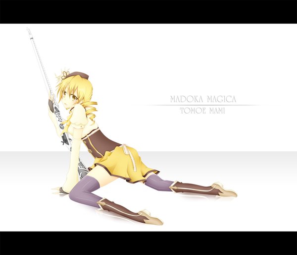 Anime picture 1646x1411 with mahou shoujo madoka magica shaft (studio) tomoe mami mokoppe single looking at viewer blonde hair twintails yellow eyes inscription drill hair short twintails letterboxed girl thighhighs weapon boots gun beret corset