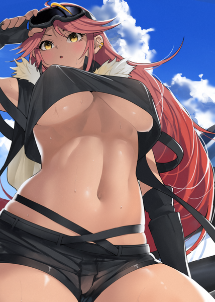 Anime picture 595x835 with azur lane jamaica (azur lane) jamaica (dark bolt) (azur lane) ootani nonno single long hair tall image blush fringe breasts open mouth light erotic large breasts standing holding yellow eyes payot looking away sky cloud (clouds)