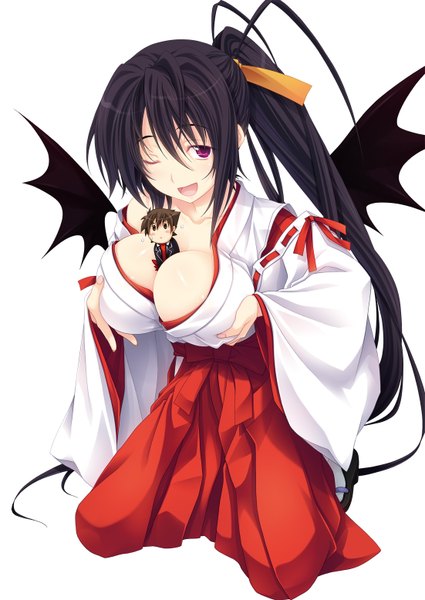 Anime picture 1102x1556 with highschool dxd himejima akeno miyama zero single tall image breasts open mouth light erotic black hair large breasts white background purple eyes ponytail very long hair traditional clothes one eye closed wink official art miko grabbing own breast