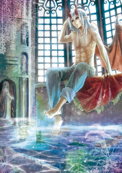 Anime picture 768x1086 with original amaichi esora long hair tall image fringe red eyes sitting bare shoulders looking away silver hair barefoot horn (horns) pointy ears bare belly bat wings boy plant (plants) wings water window