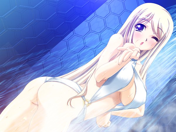 Anime picture 1200x900 with dyogrammaton breasts blue eyes light erotic blonde hair game cg huge breasts girl swimsuit