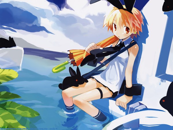Anime picture 1600x1200 with harada takehito single short hair blonde hair red eyes sitting looking away sky cloud (clouds) wallpaper closed umbrella girl earrings animal socks necktie black socks umbrella wrist cuffs bunny
