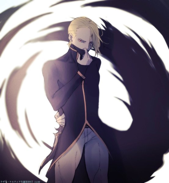 Anime picture 1106x1200 with noblesse rajak kertia wadazaku single tall image looking at viewer fringe short hair simple background blonde hair red eyes standing white background holding long sleeves hair over one eye character names dated arm behind back serious