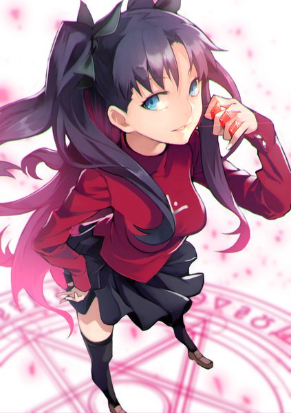 Anime picture 1411x2000 with fate (series) fate/stay night toosaka rin yoshio (55level) single long hair tall image looking at viewer blue eyes black hair from above two side up hand on hip magic girl thighhighs skirt black thighhighs miniskirt black skirt