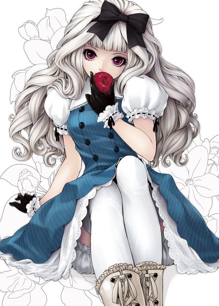 Anime picture 862x1200 with original kunishige keiichi single long hair tall image looking at viewer fringe sitting holding silver hair bent knee (knees) blunt bangs head tilt pink eyes arm support short sleeves leaning zettai ryouiki puffy sleeves wavy hair