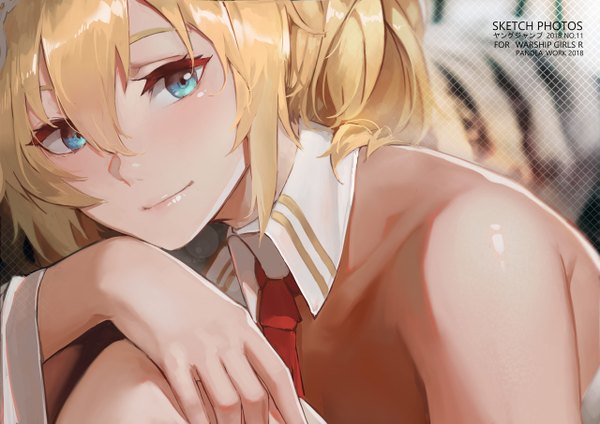 Anime picture 1280x905 with warship girls r duke of york (warship girls r) pandea work single long hair looking at viewer blush fringe blue eyes light erotic blonde hair hair between eyes sitting bare shoulders signed payot light smile shiny skin hand on knee chin rest