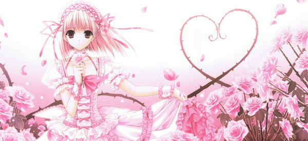 Anime picture 7400x3400 with chronicle-suzuhira hiro artworks suzuhira hiro single looking at viewer fringe highres short hair wide image standing holding pink hair parted lips pink eyes wind puffy sleeves gradient background frilled dress lolita fashion dualscreen girl