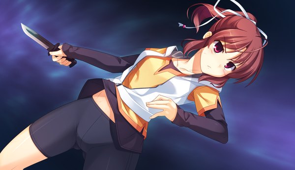 Anime picture 2660x1540 with sinclient yanasa mai reesaa highres short hair red eyes brown hair wide image game cg ponytail girl ribbon (ribbons) weapon hair ribbon knife leggings