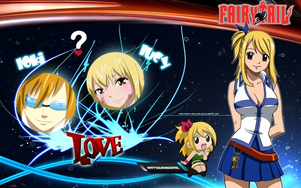 Anime picture 1280x800 with fairy tail lucy heartfilia loke natsudrgonil open mouth blonde hair wide image brown eyes inscription one side up coloring chibi zodiac leo (zodiac) girl boy miniskirt glasses key