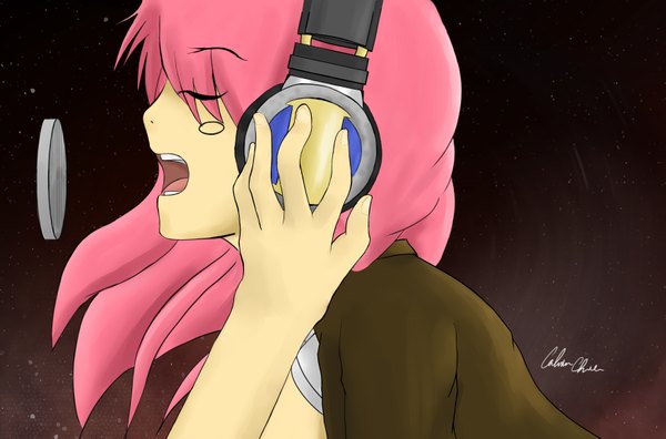 Anime picture 3501x2313 with vocaloid megurine luka long hair blush highres open mouth signed pink hair absurdres eyes closed profile hair over eyes singing girl headphones microphone