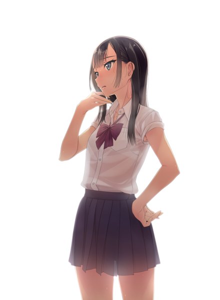 Anime picture 1173x1600 with original murakami suigun single long hair tall image blue eyes black hair simple background white background looking away hand on hip girl skirt shirt white shirt