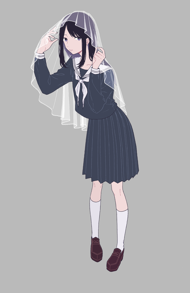 Anime picture 2536x3900 with original shi oo single long hair tall image looking at viewer highres black hair simple background standing full body black eyes grey background girl uniform socks serafuku shoes white socks loafers