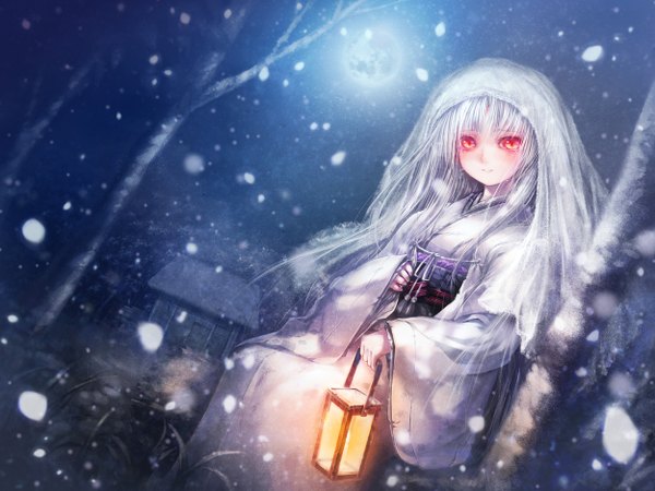 Anime picture 1250x938 with original misaki (kyal 001) single looking at viewer blush red eyes sitting traditional clothes japanese clothes night glowing glowing eye (eyes) girl plant (plants) petals tree (trees) hood building (buildings) moon obi