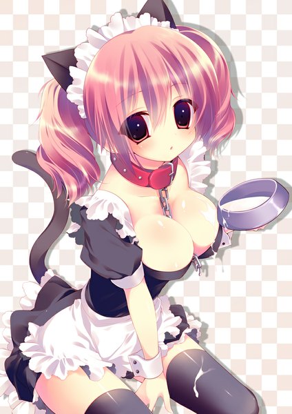 Anime picture 707x1000 with inu x boku ss david production roromiya karuta amanagi seiji single tall image short hair breasts light erotic red eyes large breasts twintails animal ears pink hair tail animal tail cat ears maid cat girl cat tail