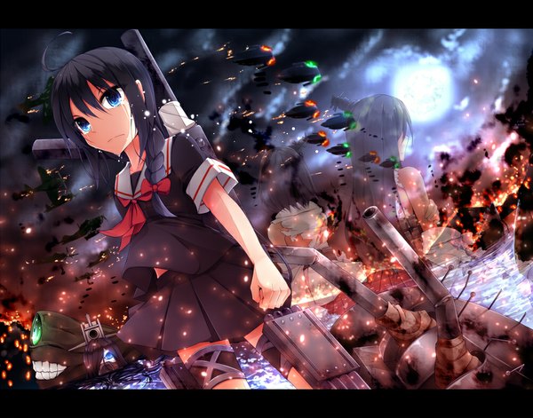 Anime picture 1000x785 with kantai collection shigure destroyer yamashiro battleship fusou battleship ru-class battleship ha-class destroyer midori (misuriru8) long hair blue eyes black hair bare shoulders multiple girls ahoge braid (braids) pleated skirt teeth torn clothes crying fighting stance girl