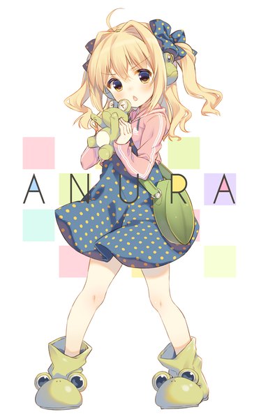 Anime picture 700x1153 with original yamucha single long hair tall image blush open mouth blonde hair brown eyes full body ahoge :o two side up text polka dot girl dress ribbon (ribbons) boots hood