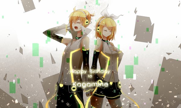 Anime picture 1683x1009 with vocaloid kagamine rin kagamine len lyodi (artist) short hair open mouth blonde hair smile wide image bare shoulders eyes closed inscription holding hands girl boy hair ornament detached sleeves shorts hairclip headphones