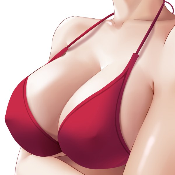 Anime picture 2400x2400 with original huyumitsu single highres breasts light erotic simple background large breasts white background bare shoulders cleavage shiny skin covered nipples head out of frame breast hold strap gap girl bikini top