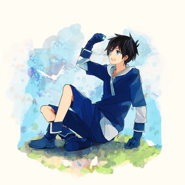 Anime picture 800x800 with original takerusilt single fringe short hair open mouth blue eyes black hair hair between eyes white background sitting full body sparkle looking up boy gloves boots gem