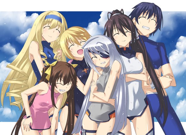 Anime picture 1256x909 with infinite stratos 8bit charles dunois laura bodewig cecilia orcott shinonono houki fang linyin orimura ichika uemuki open mouth black hair blonde hair smile brown hair multiple girls silver hair ponytail eyes closed drill hair group