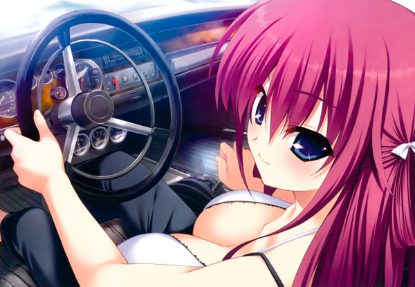 Anime picture 2600x1800 with grisaia no kajitsu suou amane fumio (ura fmo) long hair highres breasts blue eyes light erotic large breasts pink hair cleavage car interior driving girl ground vehicle car