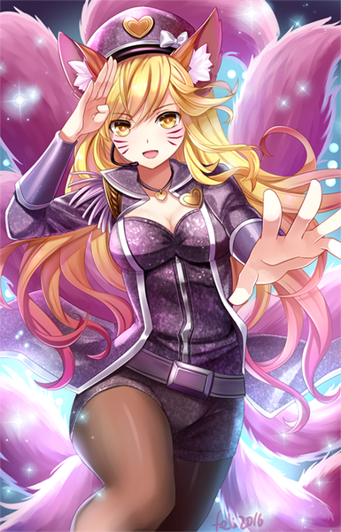 Anime picture 547x851 with league of legends ahri (league of legends) popstar ahri (league of legends) felicia-val single long hair tall image looking at viewer fringe breasts open mouth blonde hair smile hair between eyes signed animal ears yellow eyes payot cleavage bent knee (knees)