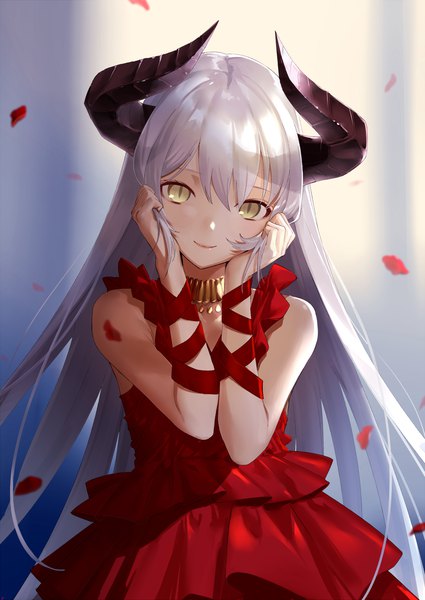 Anime picture 1200x1694 with original urata asao single long hair tall image looking at viewer blush fringe smile hair between eyes standing yellow eyes silver hair horn (horns) slit pupils holding hair girl dress petals choker