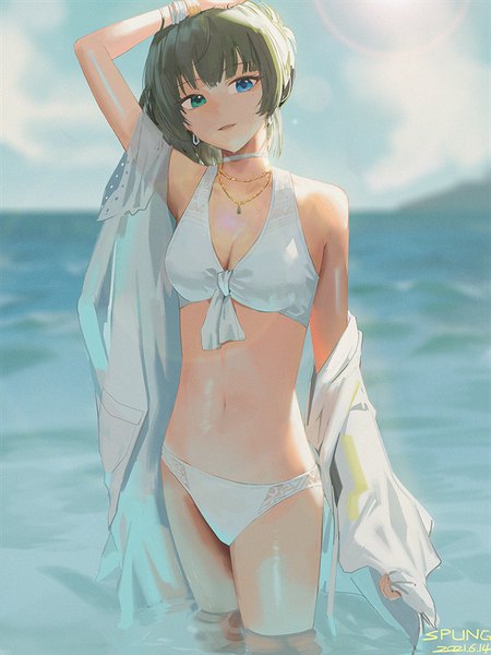 Anime picture 750x1000 with idolmaster idolmaster cinderella girls takagaki kaede spung single tall image looking at viewer fringe short hair breasts open mouth blue eyes light erotic standing green eyes signed payot sky cloud (clouds) outdoors