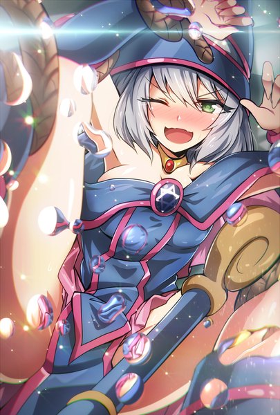 Anime picture 1000x1480 with yu-gi-oh! tejina senpai dark magician girl tejina senpai (character) tom (drpow) single tall image blush fringe short hair breasts open mouth light erotic hair between eyes green eyes silver hair one eye closed wink arms up spread legs