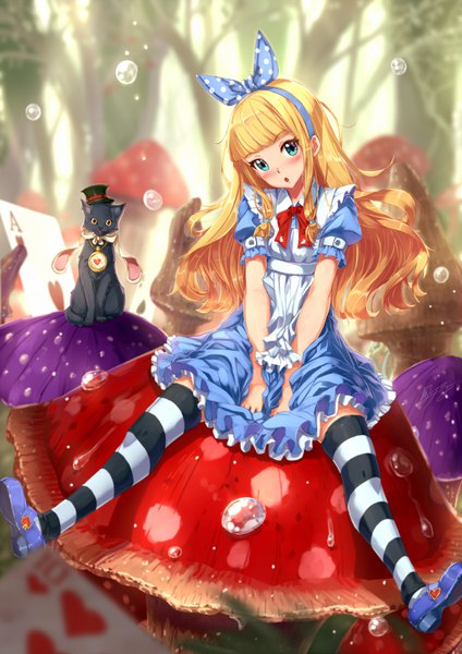 Anime picture 1446x2046 with alice in wonderland alice (alice in wonderland) kazeno single long hair tall image looking at viewer blush fringe open mouth blue eyes blonde hair full body blunt bangs head tilt girl thighhighs dress bow plant (plants)