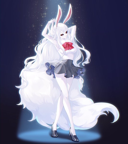 Anime picture 1818x2048 with one piece toei animation carrot (one piece) crazy otama single tall image fringe highres simple background smile hair between eyes red eyes standing animal ears looking away full body white hair very long hair head tilt arms up