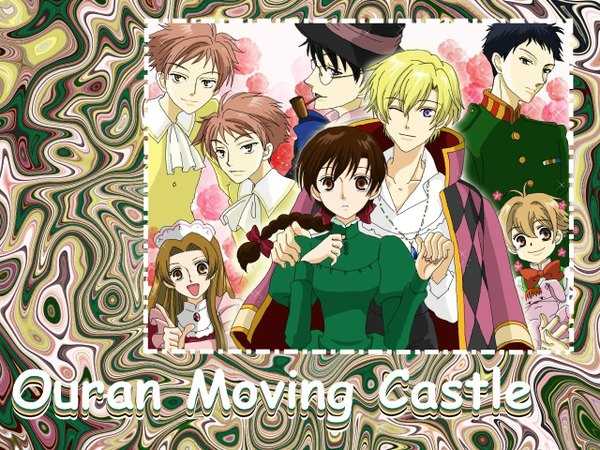 Anime picture 1280x960 with howl's moving castle ouran high school host club studio bones studio ghibli fujioka haruhi suou tamaki hitachiin kaoru hitachiin hikaru ootori kyouya haninozuka mitsukuni morinozuka takashi houshakuji renge long hair fringe short hair blue eyes black hair blonde hair smile brown hair