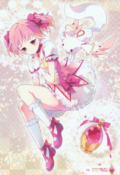 Anime picture 2713x3949 with mahou shoujo madoka magica shaft (studio) kaname madoka kyuubee tiru (artist) tall image blush highres short hair smile twintails pink hair pink eyes short twintails girl gloves bow