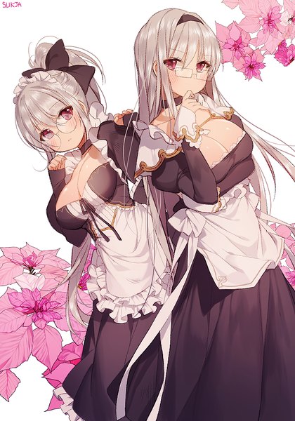 Anime picture 700x1000 with original sorolp long hair tall image looking at viewer blush fringe breasts light erotic red eyes large breasts standing white background multiple girls signed cleavage silver hair ponytail head tilt maid