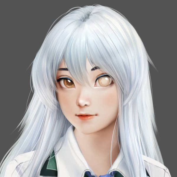 Anime picture 1080x1080 with original cecilia (acerailgun) jubi (regiana) single long hair looking at viewer fringe brown eyes yellow eyes white hair light smile realistic grey background lipstick heterochromia portrait borrowed character girl