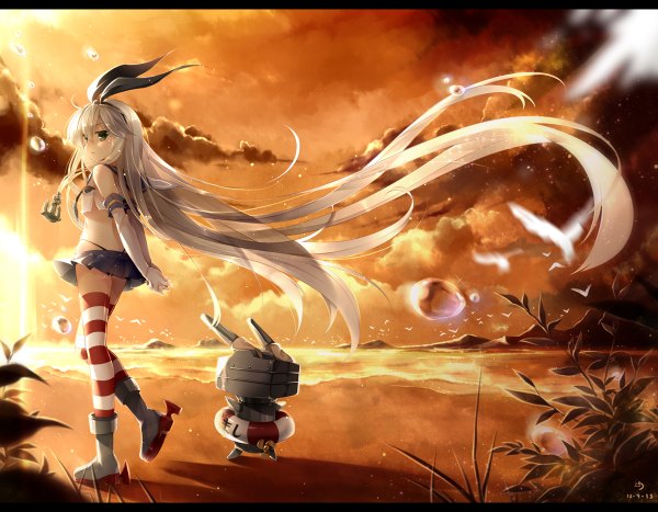 Anime picture 1200x934 with kantai collection shimakaze destroyer rensouhou-chan ninjinshiru single signed silver hair cloud (clouds) very long hair looking back midriff grey eyes evening sunset letterboxed girl thighhighs gloves hair ornament miniskirt