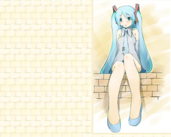 Anime picture 1200x960 with vocaloid hatsune miku long hair blush blue eyes sitting twintails aqua hair girl necktie microphone wall
