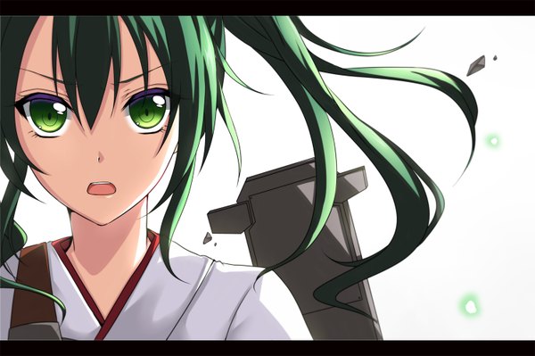 Anime picture 1501x1000 with kantai collection zuikaku aircraft carrier hasu (velicia) single long hair looking at viewer open mouth simple background white background twintails green eyes green hair face girl