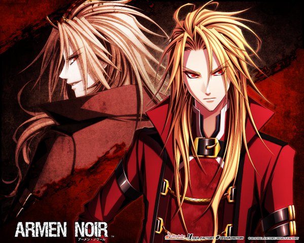 Anime picture 1280x1024 with armen noir idea factory rain (armen noir) long hair looking at viewer fringe blonde hair smile red eyes game cg looking back inscription official art boy