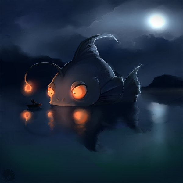 Anime picture 1000x1000 with somebodystolemynick sky cloud (clouds) night orange eyes light reflection silhouette lake water moon full moon fish (fishes) watercraft boat