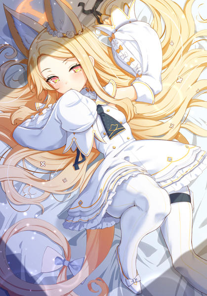 Anime picture 838x1200 with blue archive seia (blue archive) nyama (12060517) single tall image blonde hair animal ears yellow eyes bent knee (knees) lying long sleeves very long hair on back girl dress detached sleeves pantyhose white dress thigh strap bedsheet