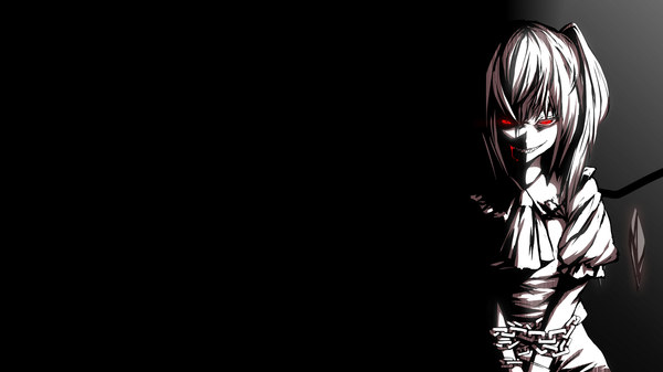 Anime picture 1920x1080 with touhou flandre scarlet ac (eshi) single long hair highres smile red eyes wide image grin black background monochrome bondage evil grin girl wings blood chain neckerchief