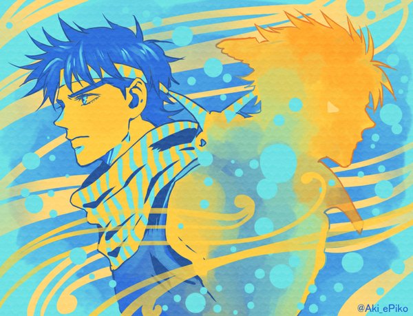 Anime picture 800x612 with jojo no kimyou na bouken joseph joestar (young) caesar anthonio zeppeli aki epiko short hair blue eyes signed blue hair profile multiple boys silhouette boy hairband scarf 2 boys striped scarf